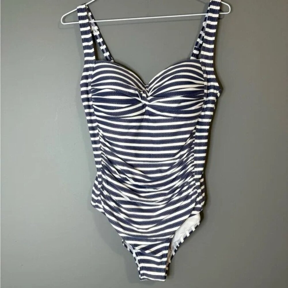 One Piece Nip Tuck Swimsuit Blue White Nautical Stripe Rouched Swim Suit Size 8 - Picture 7 of 7